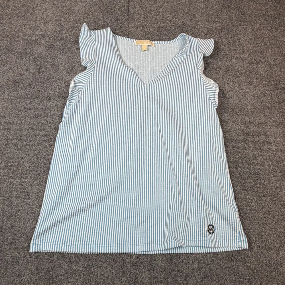 Michael‎ Kors Women's Size M Medium Blue White Striped Ruffle Sleeve V-Neck Top